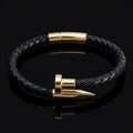 Black Leather Nail Bracelet - Gold