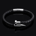 Black Leather Nail Bracelet - Silver